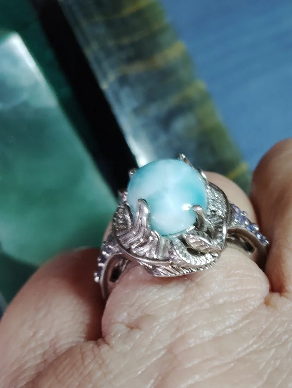 LARIMAR,TANZANITE & ZIRCON. SNAKE MOTIF. SOLID STERLING SIZE 9